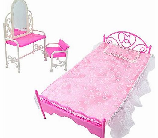 Fashion Pink Bed Dressing Table & Chair Set For Barbies Dolls Bedroom Furniture