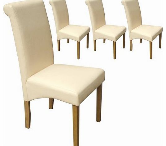 Set of 4 Faux Leather Scroll Top Dining Chairs Cream With Padded Seat & Oak Finish Legs