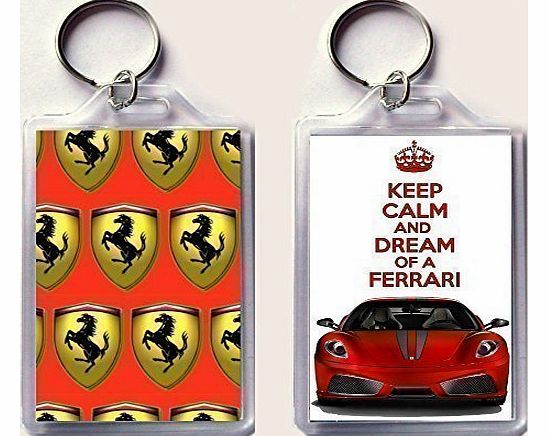 KEEP CALM and DREAM of A FERRARI keyring printed on an image of a red Ferrari F430 on one side and the iconic Ferrari rampant horse badge on the other, from our Keep Calm and Carry On series - an orig