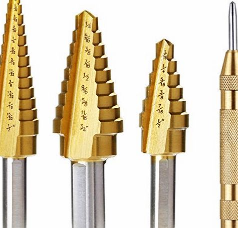 zacro  3 pcs Titanium Step Drill Bit Set amp; 1 pcs Automatic Center Punch