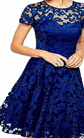 Womens Sexy Round Neck Short Sleeve Lace Princess Dress Party Ball Gown Blue Size S