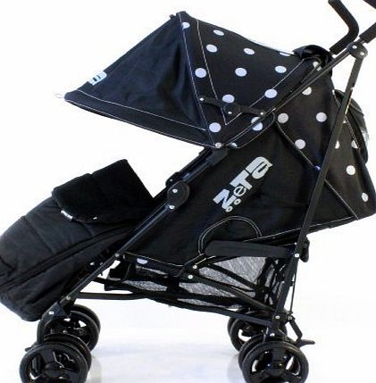ZETA VOOOM - Black Dots with Rain Cover   Deluxe 2in1 footmuff liner zip off padded black