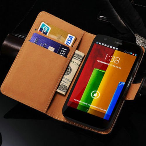 BLACK GENUINE LEATHER WALLET FLIP CASE COVER FOR MOTOROLA MOTO G 2ND GEN 2014 VERSION 2 & SCREEN PROTECTOR CLEANING CLOTH