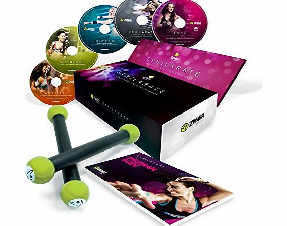 Zumba Exhilarate Body Shaping kit - Official Product Zumba - New program ``Exhilarate Body Shaping System`` in English, Spanish and German - 6 sessions on 5 DVDs (1 Bonus DVD)   2 toning weights.