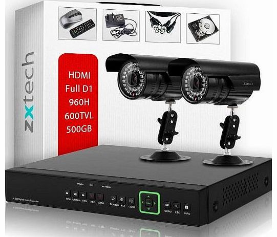 ZXTECH 2 CCTV Cameras 4 Channel DVR System 500GB Hard Drive Complete Kit Plug And Play